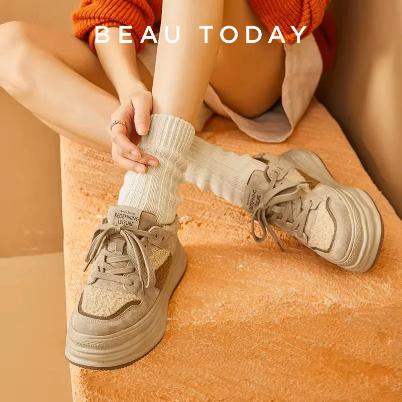 BeauToday Causal Sneakers Women Suede Leather Patchwork Cross Tied Thick Sole Winter Warm Lady Vulcanize Shoes Handmade 29197