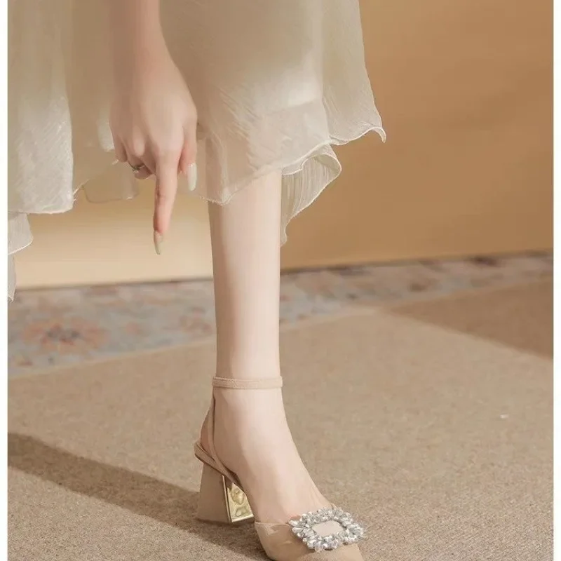 Ankle Strap Crystal Sandals for Women Pointed Toe High Heels Sandalias De Mujer Shiny Rhinestones Square Heeled Pumps