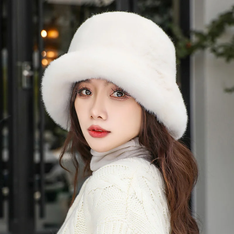 

Lady Luxury Fashion Party Fisherman Cap Y2k Fluffy Faux Fur Hat Bucket Women Cap Rabbit Fur Warm Thick Plush WInter Leopard Hat