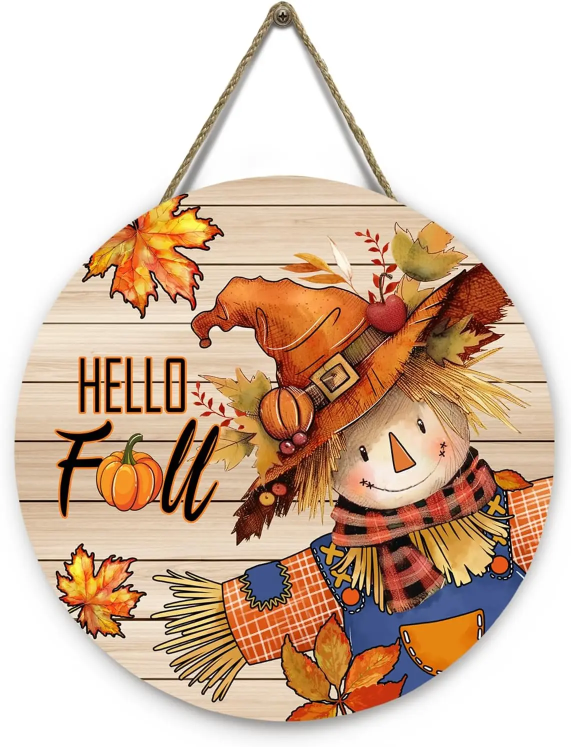

Hello Fall Autumn Scarecrow Door Sign for Porch Pumpkins Maple Leaf Wood Hangers Farmhouse Door Sign for Front Door Decor