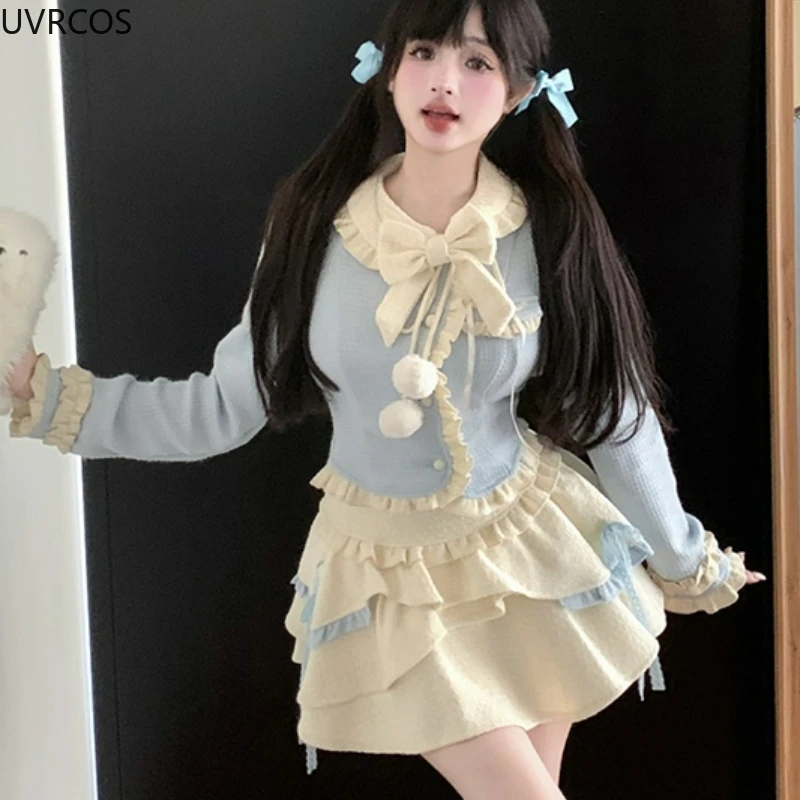 Blue Kawaii Lolita Style gonna Set donna Sweet Bow Peter Pan Collar giacche corte cappotto Slim minigonne abito moda coreana 2024