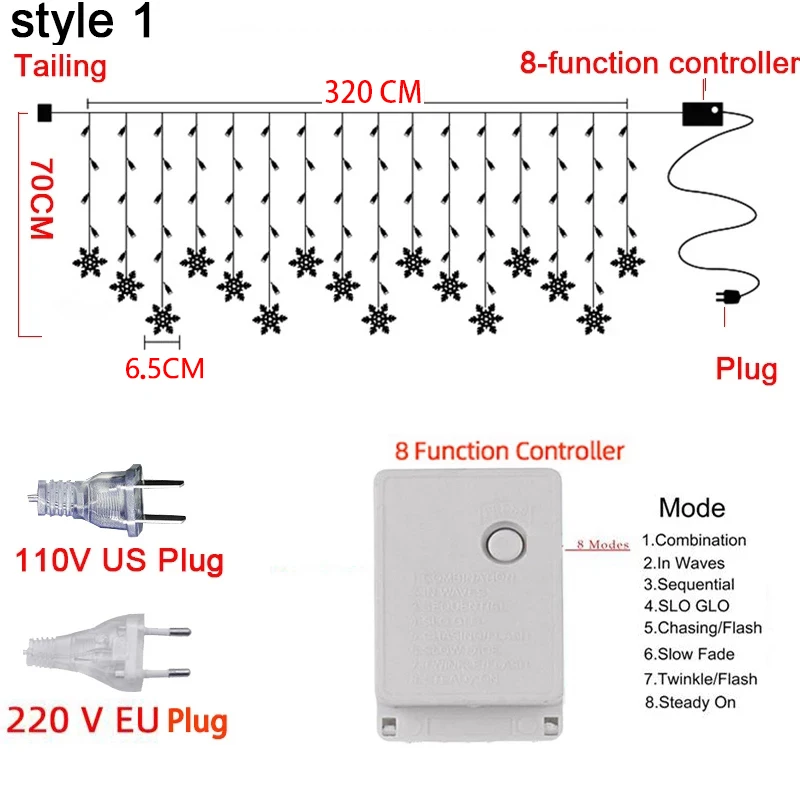 ไฟคริสต์มาส 3.5m Led Snowflake Garland Curtain String ไฟ Fairy สําหรับปีใหม่ Holiday Party Garden ตกแต่งคริสต์มาส