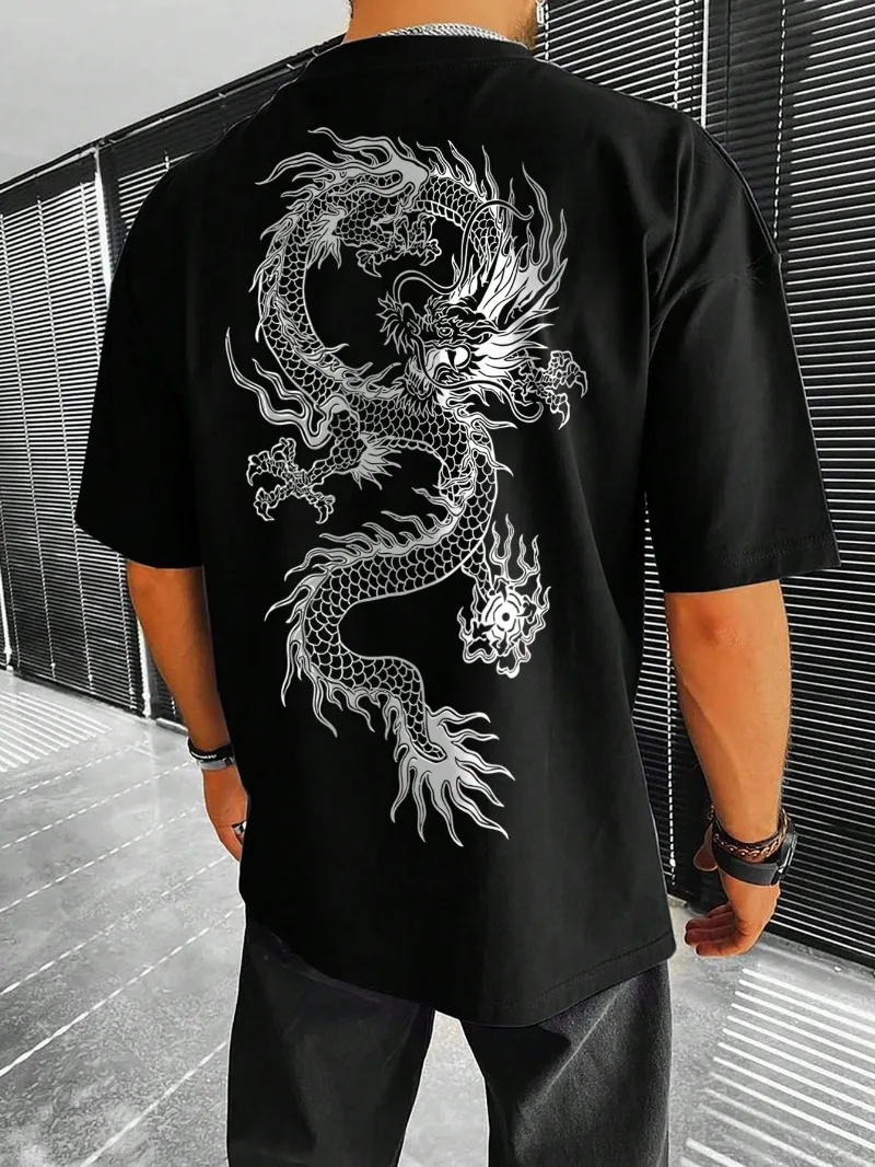 Men's T-shirt Chinese Style with Dragon Pattern Printed Round Neck Short Sleeve Handsome Comfortable Loose Men's Short Sleeve