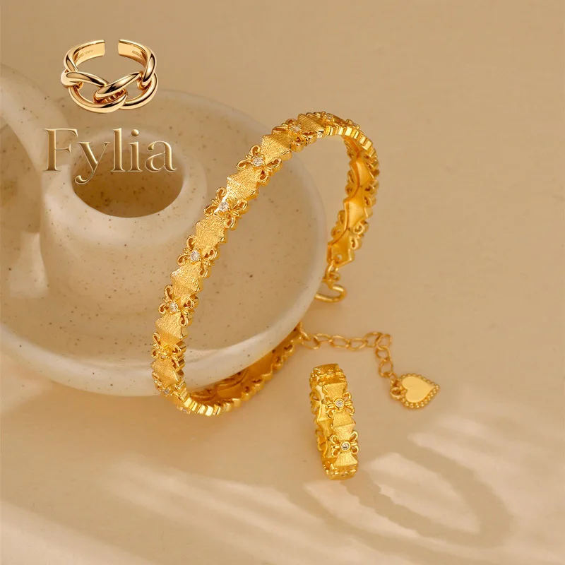 Fylia Jewelry   New Chinese style 24K real gold  9999 flower-shaped butterfly bracelet, versatile fashionable opening design adj