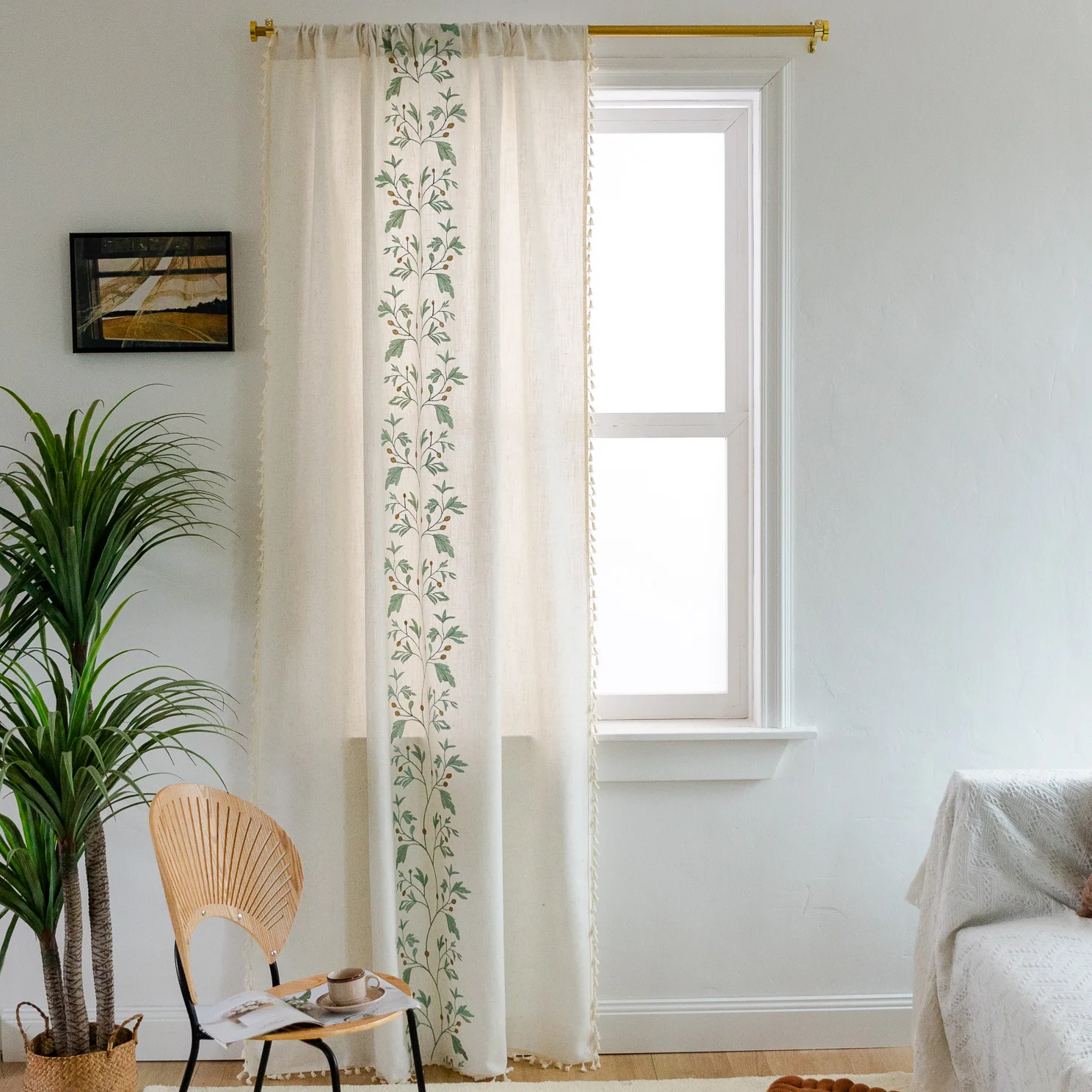 Boho Floral Curtains, Bohemian Country Farmhouse Window Treatment Cotton Linen Drape with Tassels for Bedroom, Rod Pocket