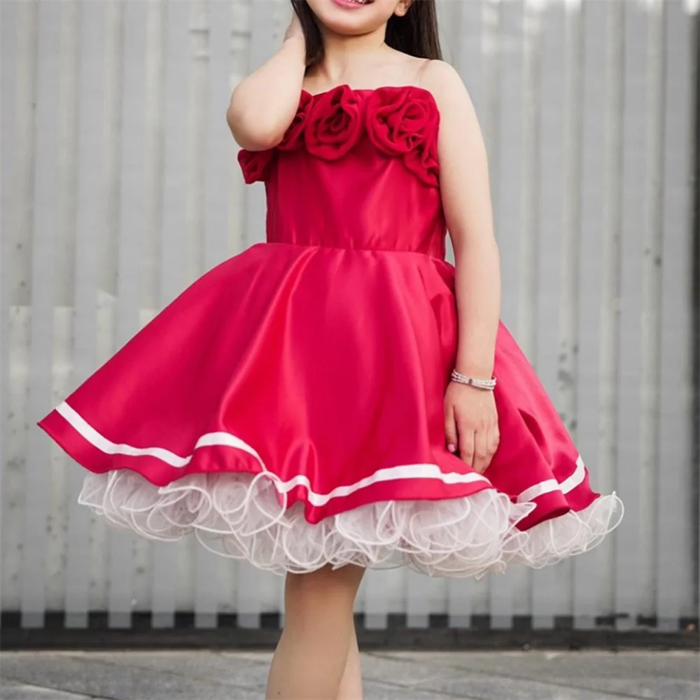 

Dearin Spaghetti strap Ball Gown Mini length Skirts Draped Tulle Applique 3D Flower Girl Dresses