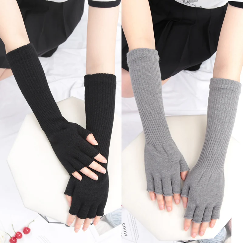 1Pair Knitted Long Gloves Black No Fingerless Gloves Suitable for Both Men Women Winter Warm Multi Finger Elastic Work Mittens