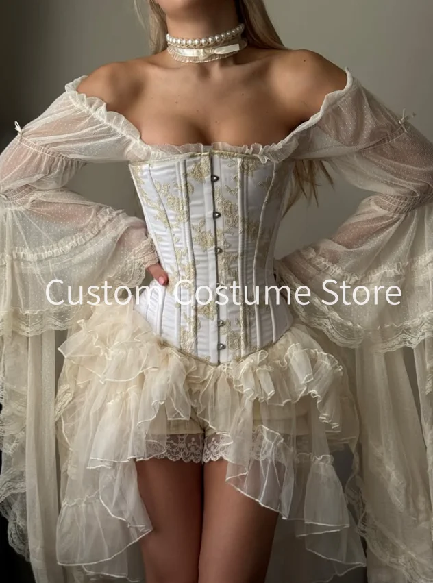 Champagne Mini Corset Evening Party Bodysuit Dress Fairy Long Sleeve Boning Lace French Birthday Rococo Holiday Gown  Customized
