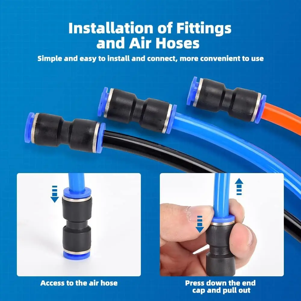 60PCS Quick Pneumatic Fittings Push to Connect 5/32 1/4 5/16 3/8 1/2 Inch Connectors Kit