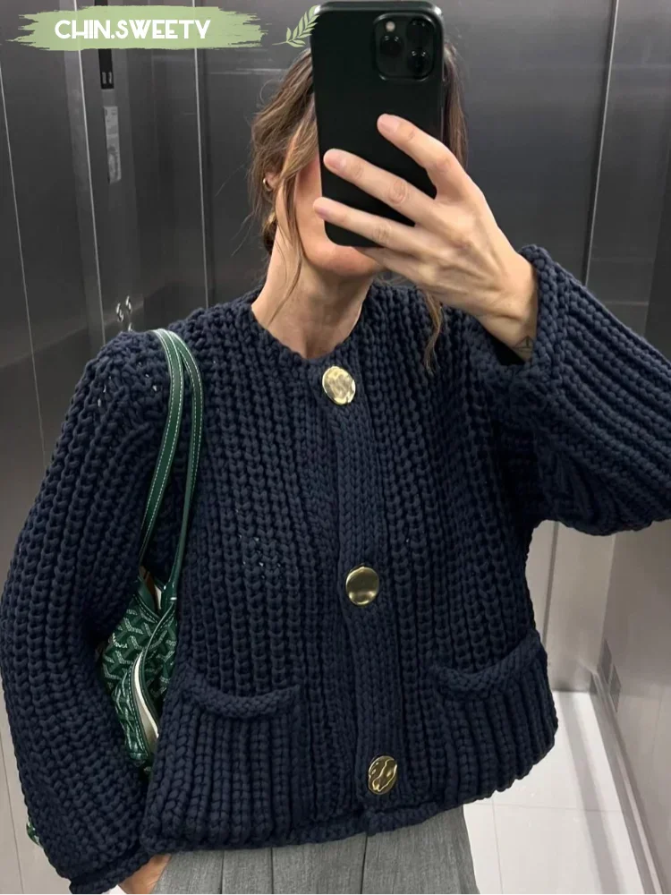 O-neck Long Sleeved Single Breasted Knitted Women\'s Sweater Fashion Solid Color Pocket Cardigan 2024 Female Autumn Streetwear