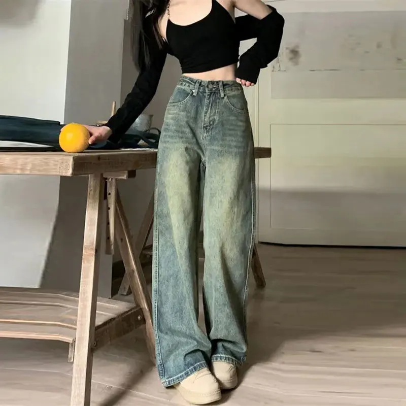 Stretch Washed Fashion Straight Leg Jeans For Women Casual Loose Fitting High Waist Jeans Pants Women's Denim Trousers