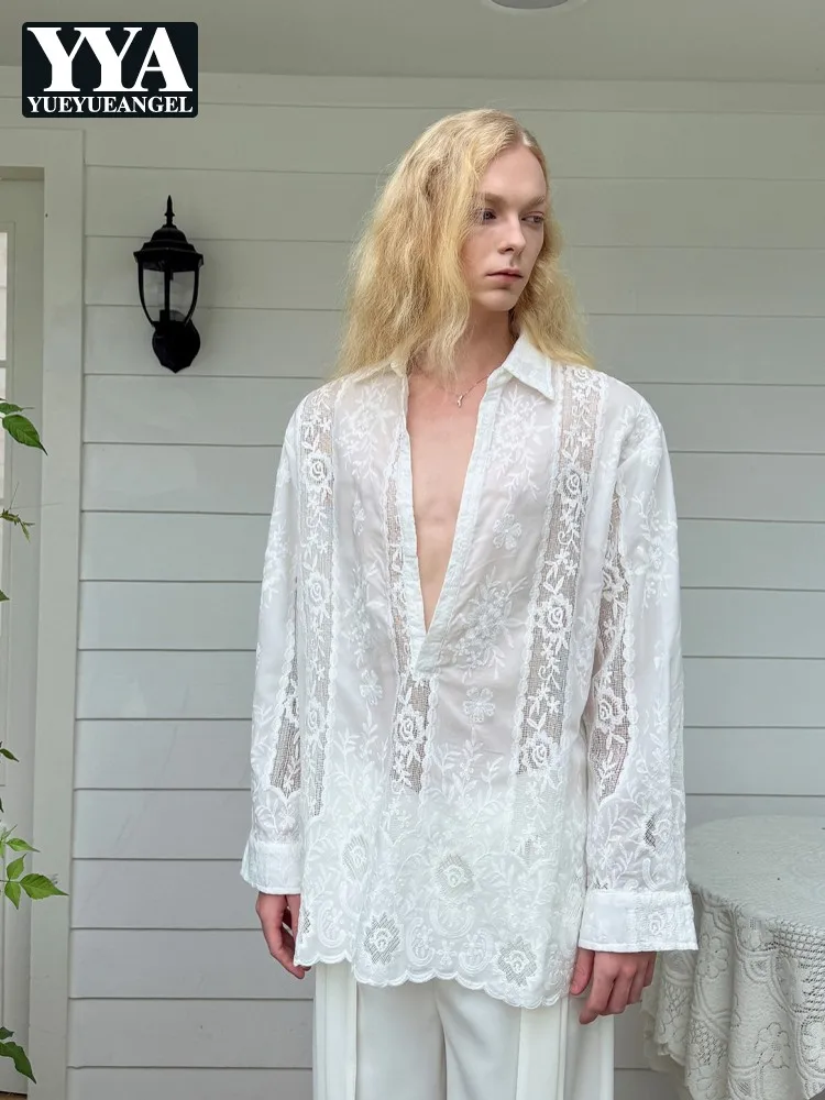 

Мужская сексуальная рубашка с глубоким V-образным вырезом, вышивкой и вырезами, праздничная, с длинным рукавом, свободного кроя, в гавайском стиле, французский стиль, новые мужские топы для вечеринок