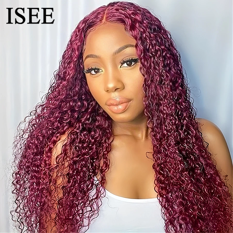 Wear And Go Glueless Human Hair Wig ISEE Brazilian Kinky Curly 99j Burgundy 6x4 Lace Glueless Preplucked Human Wigs Ready To Go