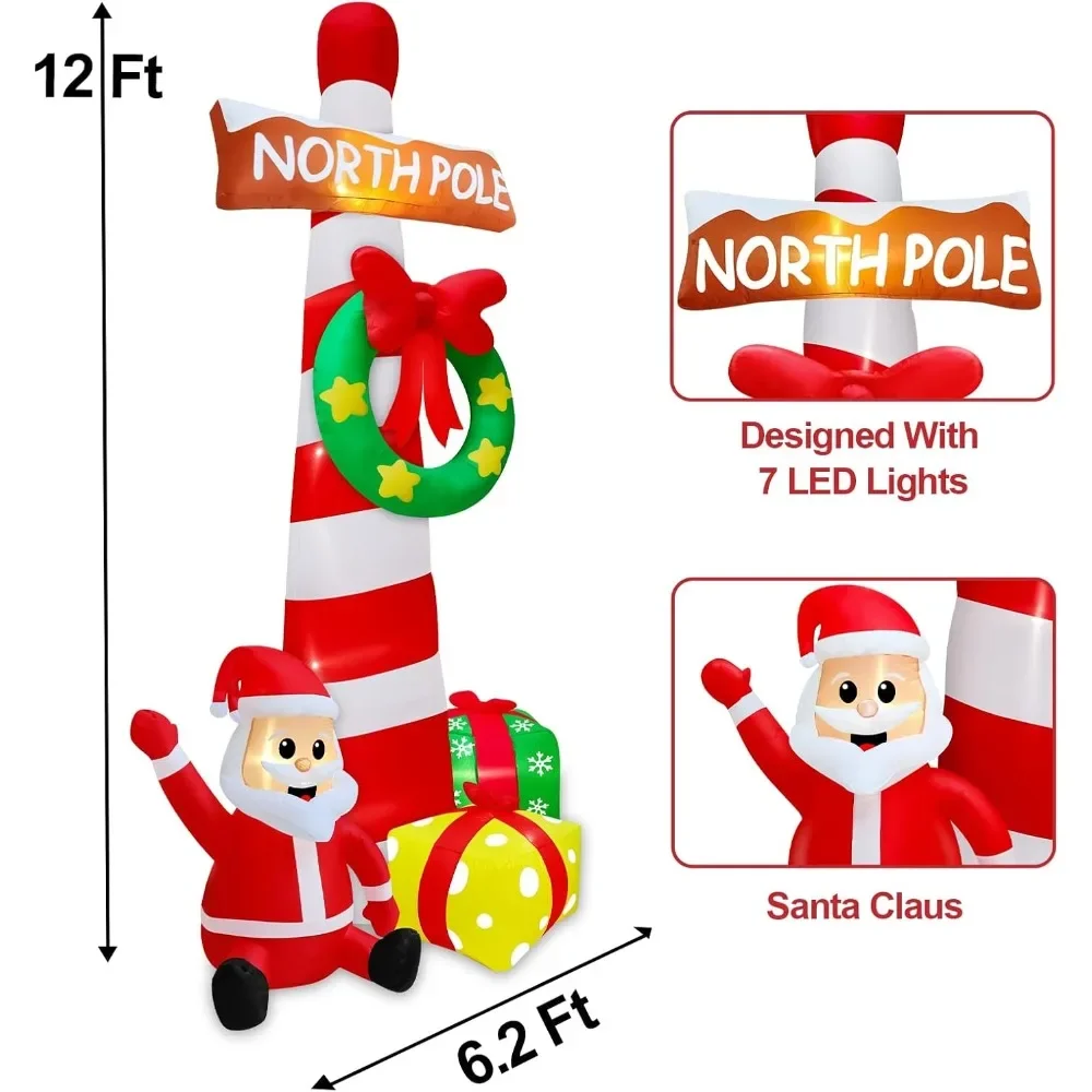 Christmas Inflatable Toy 12 Feet Long, with Flower Garlands on Giant Arctic Road Signs, Santa Claus with Built-in LED Lights