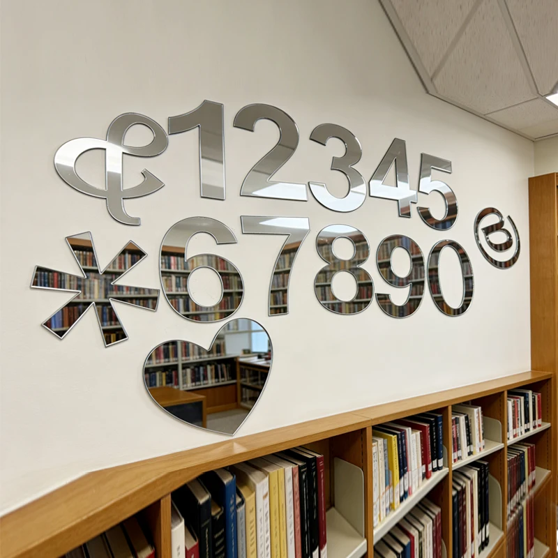 Acrylic Mirror Digital Mathematical Symbols Heart Wall Decor Silver Wall Numerals Sticker Decals Self-Adhesive Home Party Decor