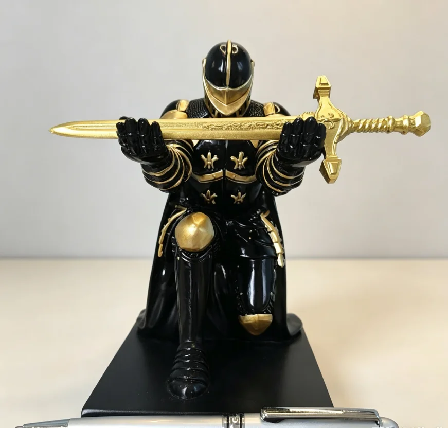 Medieval Knight Resin Statue Pen Holder Desk Organizer Kneeling Warrior Figurine for Office Desktop Decor Gift Ornament