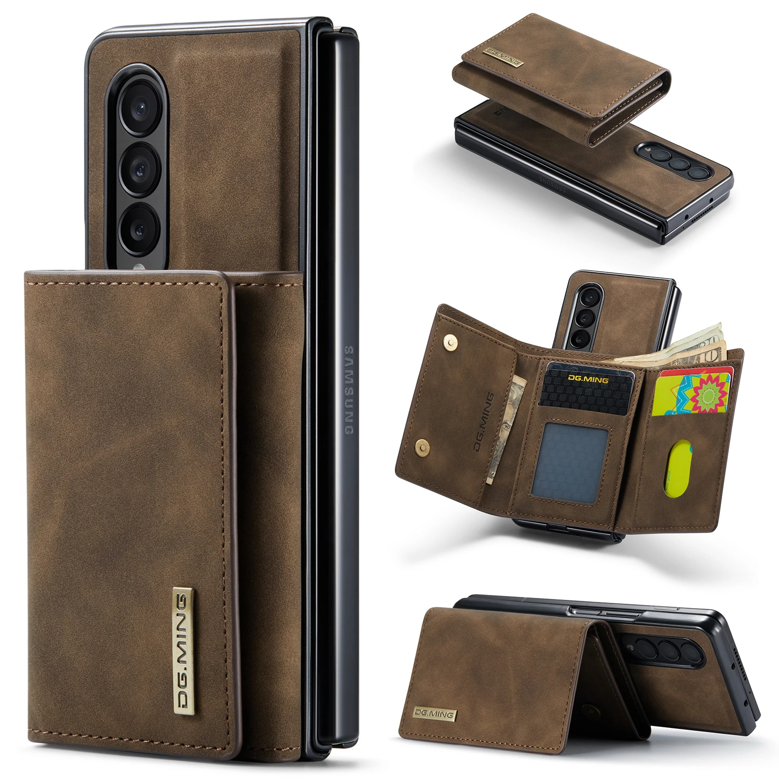 DG.MING Retro 2in1 Magnetic Detachable Leather Wallet Case for Samsung Galaxy Z Fold 5 4 3 ZFold4 Card Holder Zipper Back Cover