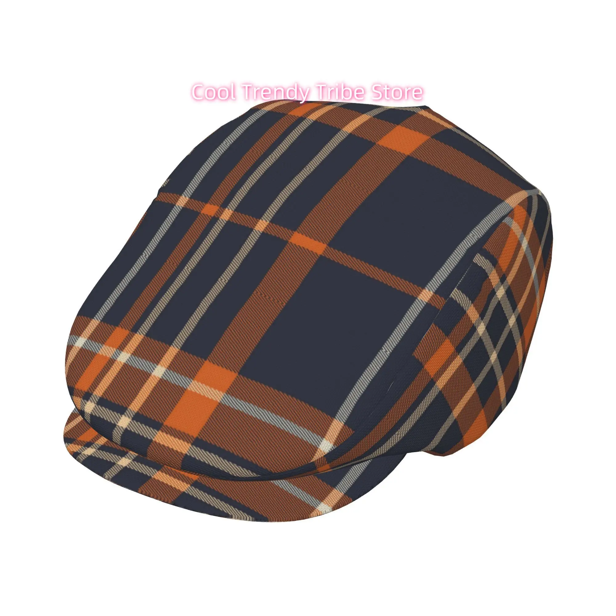 1pc of Navy Blue And Orange Checkered Beret with a Full Face Print, a Stylish Newsboy Cap Suitable for Both Genders, Perfect for