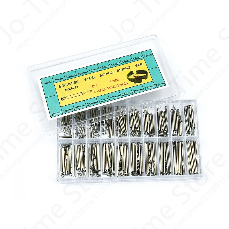 300pcs 8mm-27mm Stainless Steel Watch Band Friction Pins for Clasps Burkle Spring Bar Assort Set with 1.2mm