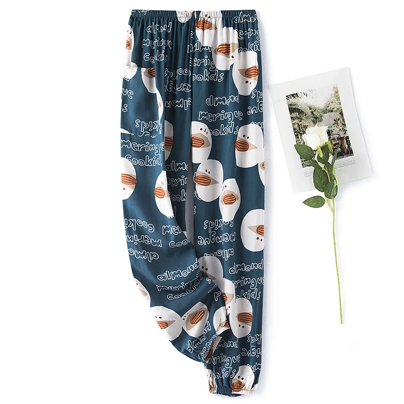 

Women Long Cotton Print Trousers Loose Bloomers for Lady Elastic Waist Wide Leg Pants Straight Trousers Baggy Sleep Bottoms
