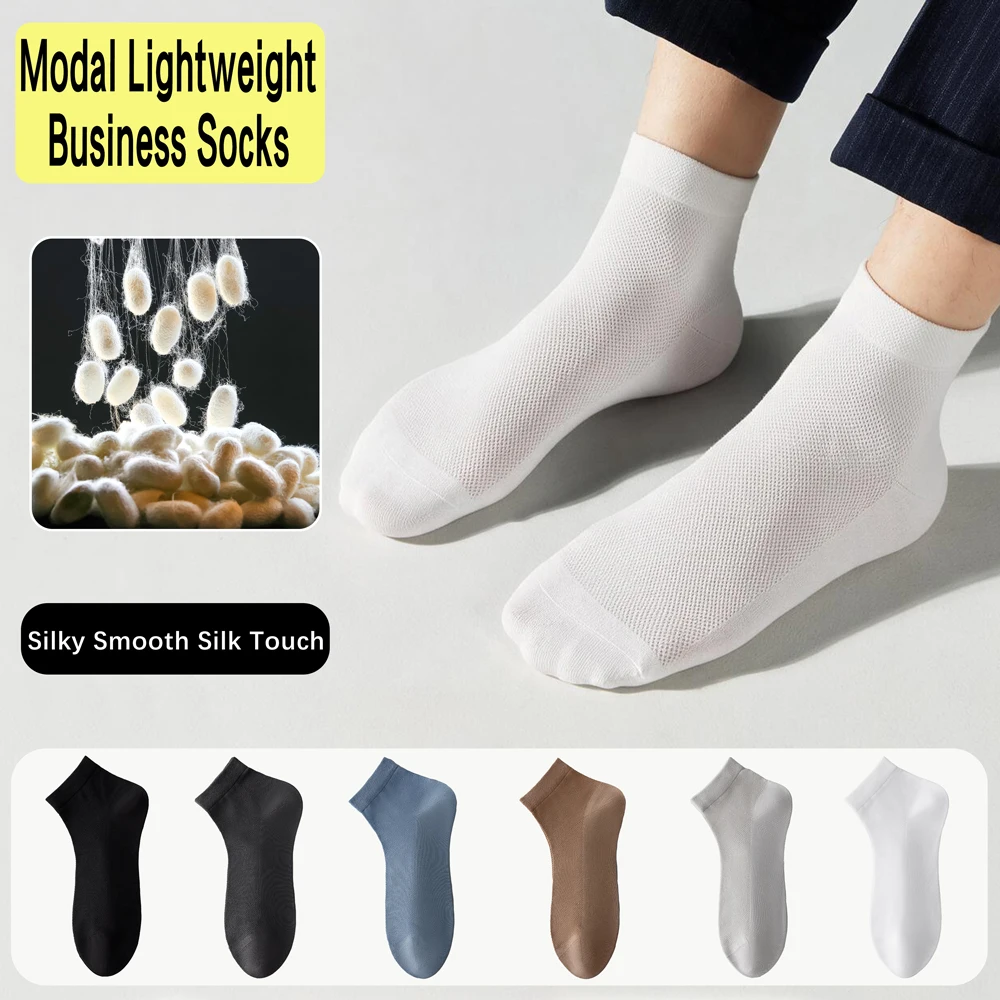 6 Pairs Men Modal Silk Socks Summer Thin Crew Socks Breathable Mesh Solid Color Business Dress Casual Office Socks