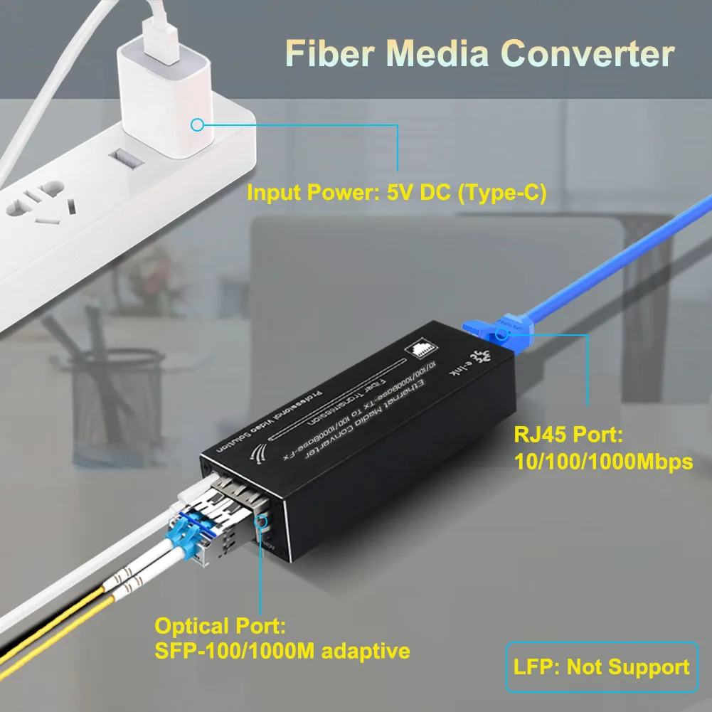 마이크로 미니 기가비트 파이버 미디어 컨버터, SFP 이더넷 미디어 컨버터, USB-C 전원 입력, 10 Mbps, 100 Mbps, 1000Mbps