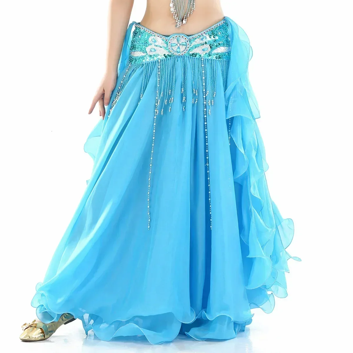 Belly Dance Gauze Skirt Belly Dance High Slit Skirt Dance Skirt  Roll Leaf Double Slit Ear Skirt Belly Dance Skirt