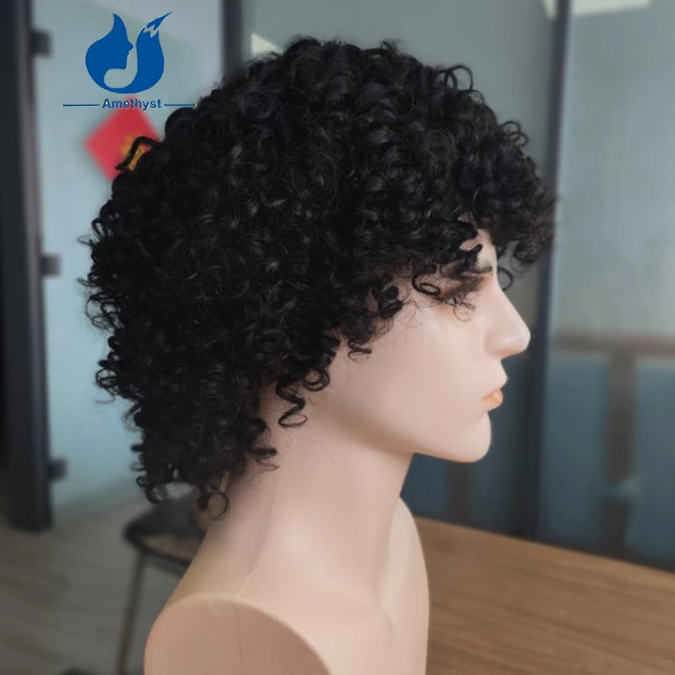 Amethyst 200% Remy Brazilian Human Hair Wig for Men Curly Short Bob O Scalp Top Full Machine Made Wig Natural Black Pre Styled