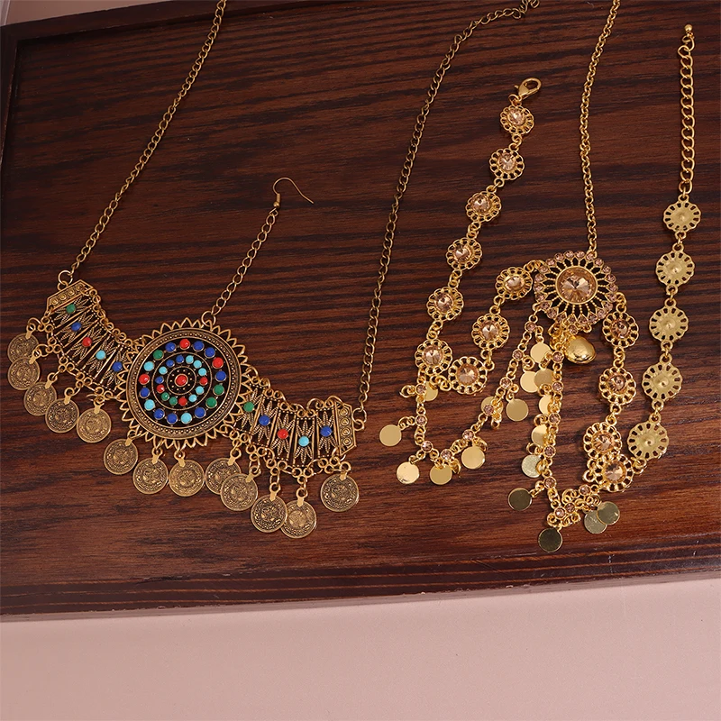 سلسلة رأس هندية للنساء عملات ذهبية اللون عربية شرابة الزفاف حجر الراين غطاء الرأس اكسسوارات الزفاف