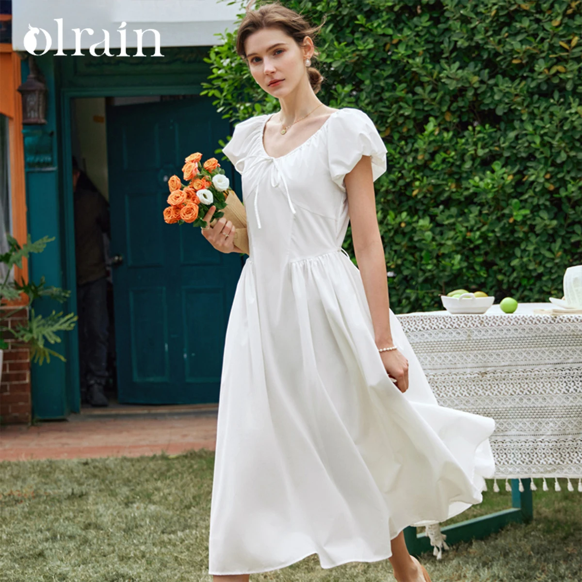 

OLrain Women's White Minimalist Office Dress 2026 Spring New French Tie V-Neck Puff Short Sleeve A-Line Midi Dress O24XL82809