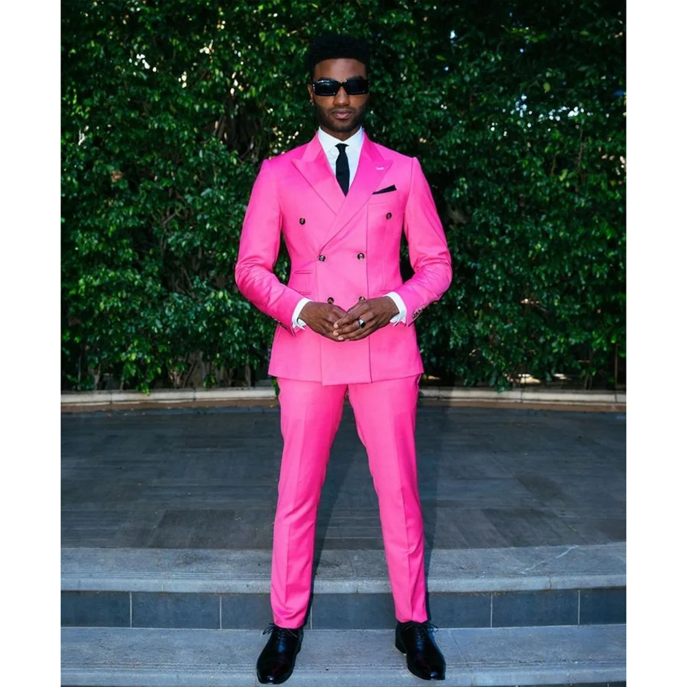 Bright Pink Double Breasted Men Suit Two Pieces(Jacket+Pants) Lapel Outfits Chic Casual Party Prom Wedding Set