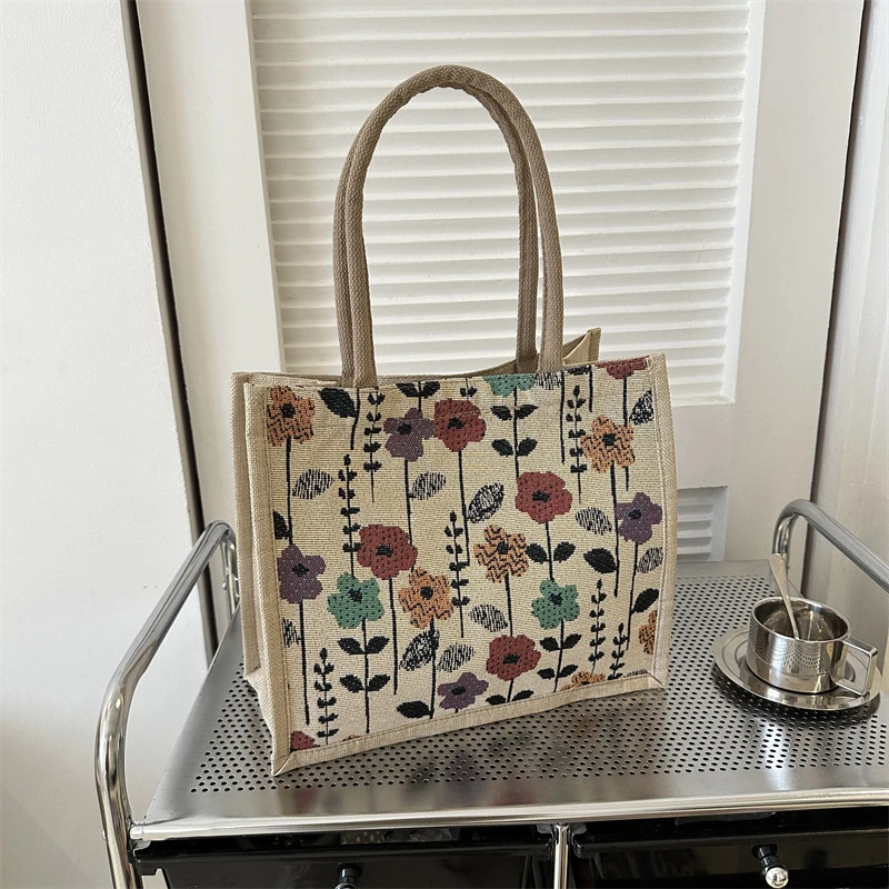 Fashion Floral Print Tote Bag Large Capacity Shopping Lunch Bag For Women Floral Print Canvas Shoulder Bag Big Shopper Bags