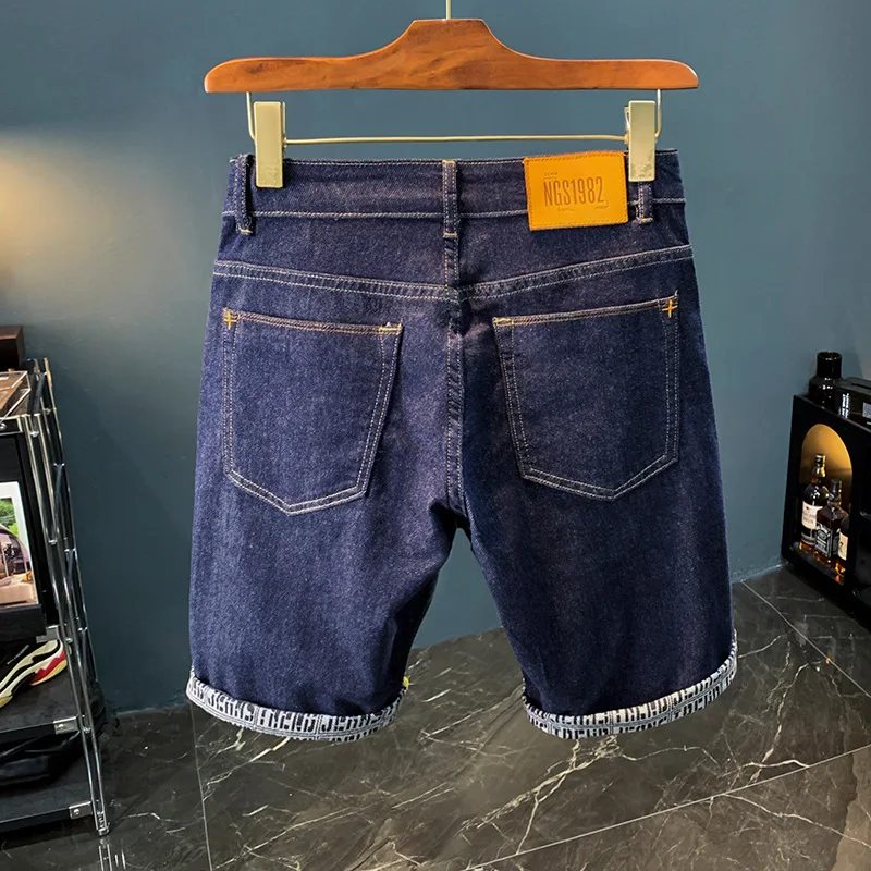 2024Summer Primary Color Washed Denim Shorts Men's Fashionable Printed Straight Shorts Dark Blue Stretch Bermuda Shorts