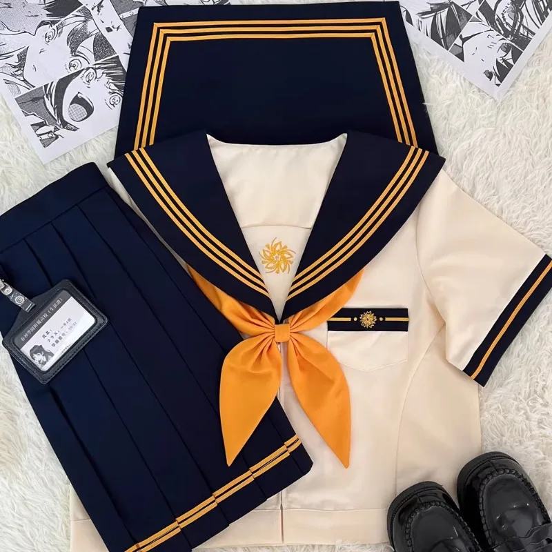 Japanese JK Uniform Sailor Collar Preppy Style Casual Yellow Beige Mixed Color Long Short Sleeves Top Pleated Skirt Set For Girl