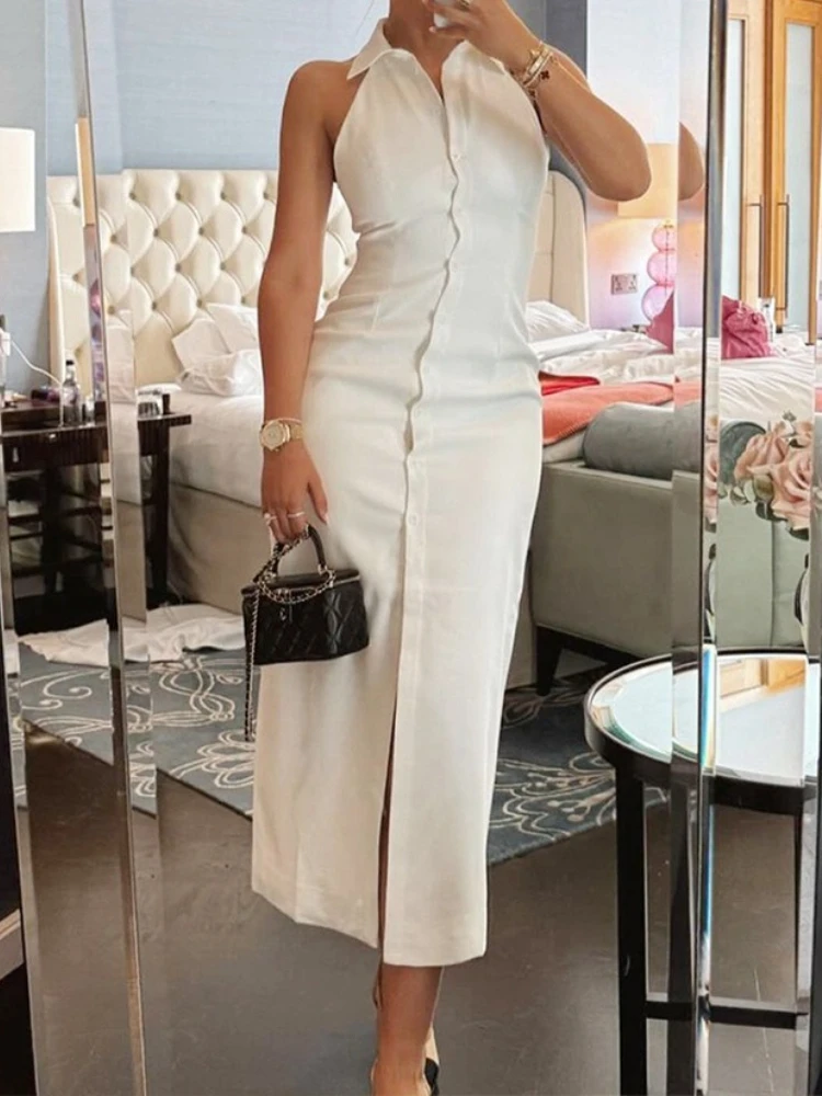  Women White Single Breasted Long Dresses Elegant Lapel Sleeveless Slim Maxi Robes Lady Summer New Chic High Street Vestidos