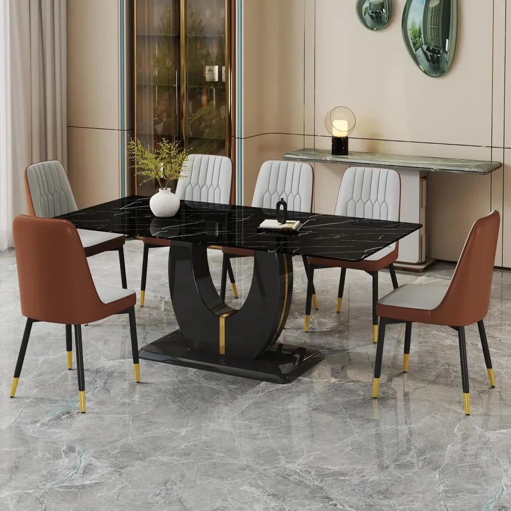 7-piece Dining Table Set, Table with 6 PU Leather Upholstered Chairs, 71