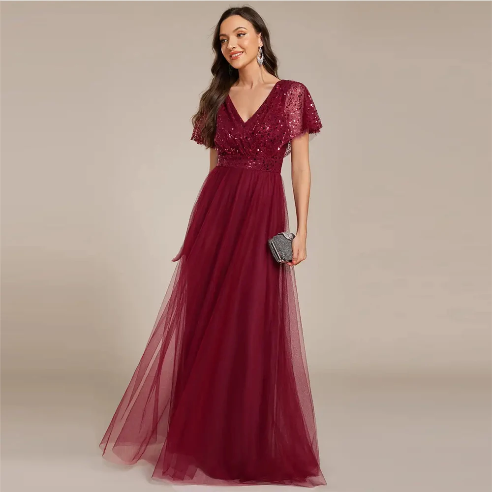 BAZIIINGAAA Party Dress Elegant V Neck Ruffles Sleeve A-Line Empire Waist Tulle Dresses with Paillette Evening dress