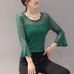 Girls Flare Sleeve Lace T-Shirt Women S-XXXL Slim Stretch Lace Mesh Shirt Ladies O-neck Tops Female Bottoming Blouses Clothing