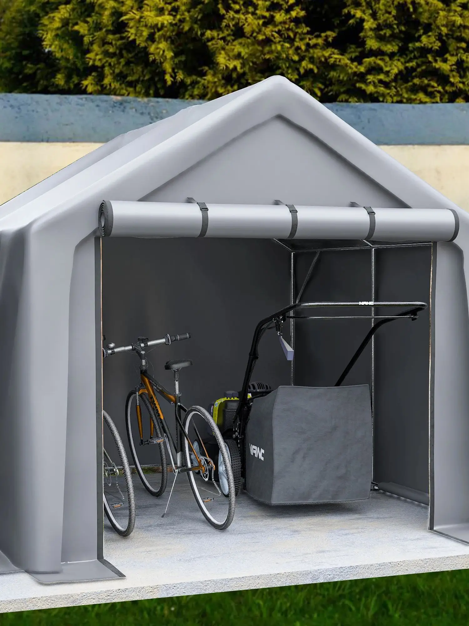 8*8FT Außenlagerraum, Wasserdichtes Design mit Rolltor und Lüftungsöffnungen, Multifunktionaler Carport für Motorräder und Werkzeuge
