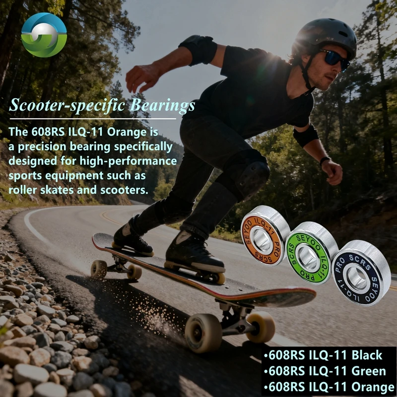 8Pcs 608RS ILQ-11 Skate Bearings (8x22x7) with green/orange/black seals for a smooth, fast ride on longboards, skates, and scoot