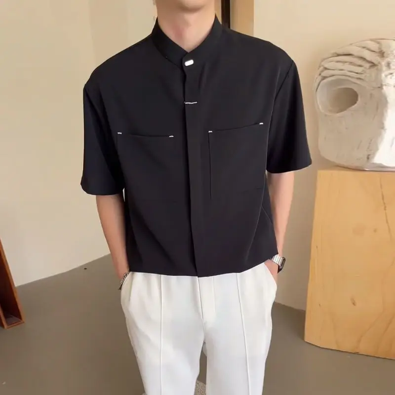 

Summer Basic Solid Color Shirts Fashionable Stand Collar Spliced Men's Clothing Daily Short Sleeve Korean Casual Pockets Shirts