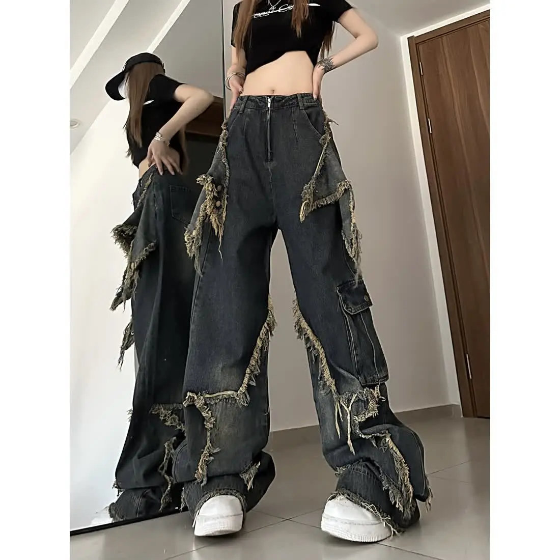 Spring and Autumn American Hip Hop Women Street Loose Personalized Slimming Jeans Advanced Design Trendy Straight Leg Casual