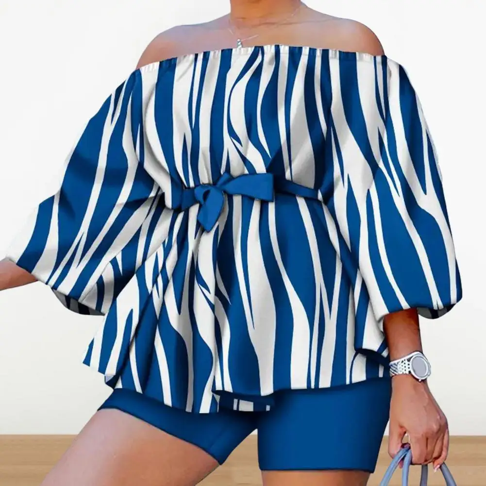 Slash Neck Leaves Print Vest Short Pants Set Stretch Hem Off Shoulder Lantern Sleeve Top Shorts Set Beachwear Lady Casual Outfit