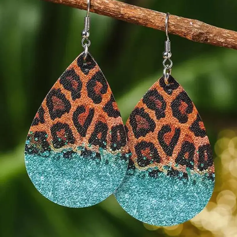 western style personalized women's leopard print leather earrings, retro water drop spray double-sided pu earrings