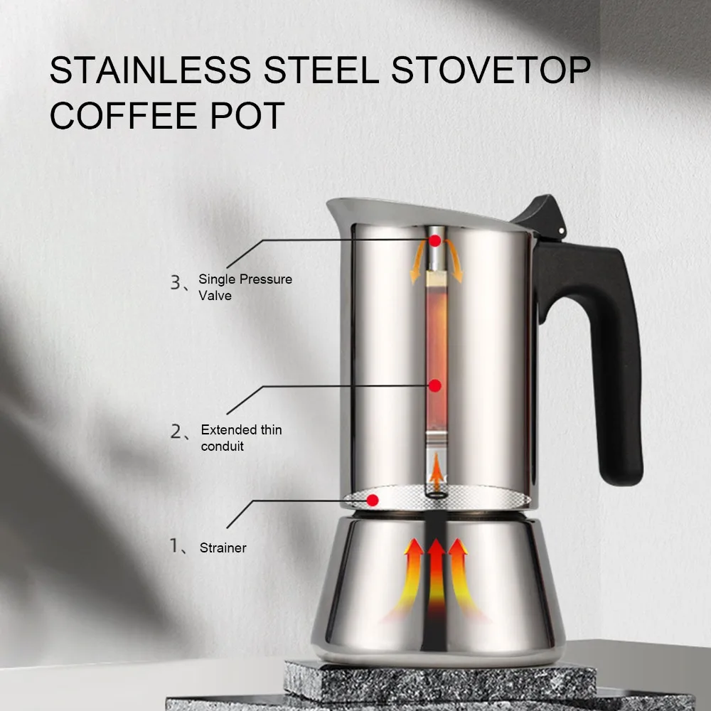 Stainless Steel Moka Pot Large Capacity Silver Stovetop Moka Pot Sturdy Construction Stovetop Espresso Maker Coffee Making