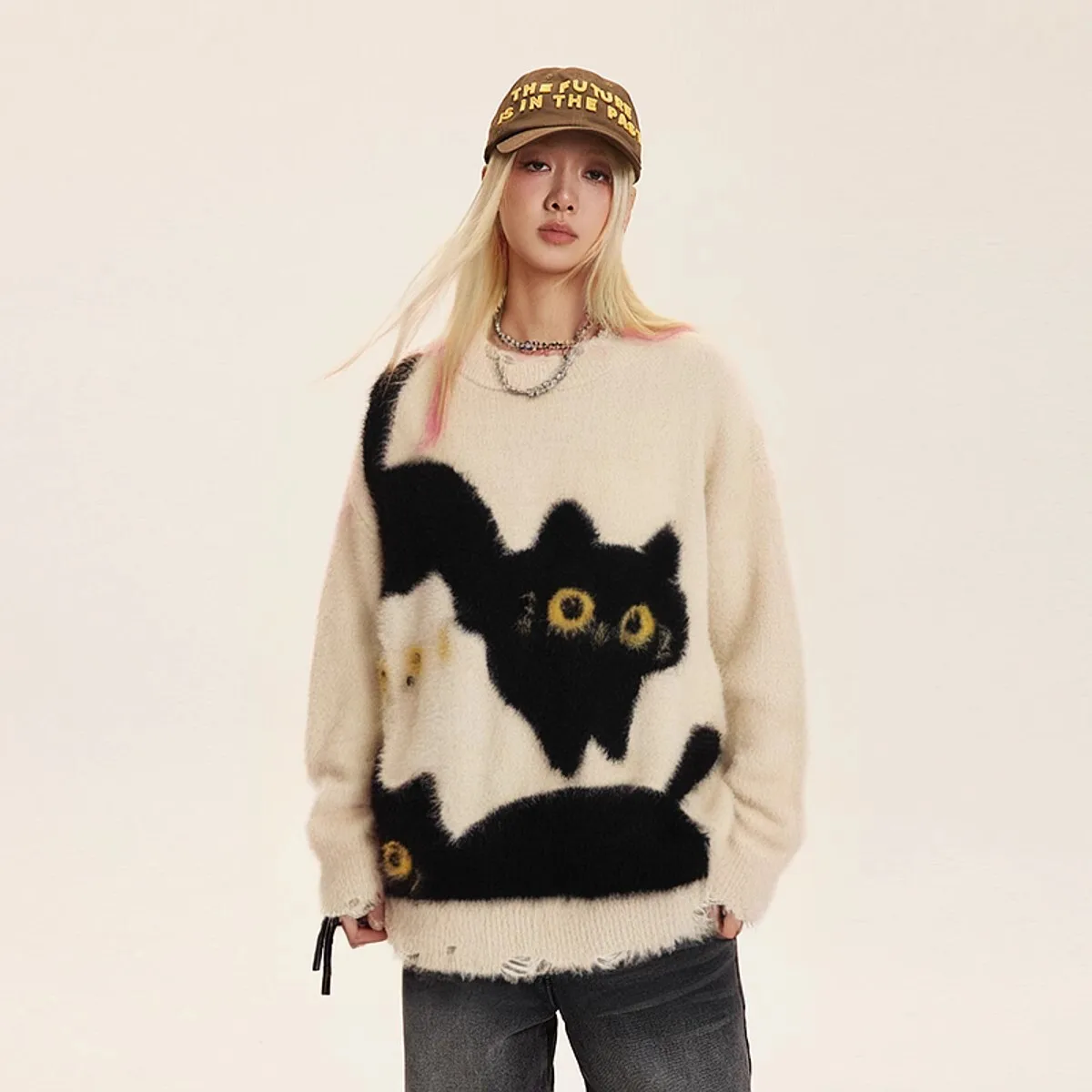 Unisex Knitting Sweater 2025 Spring Autumn New Retro Cat Print Sweater Preppy Cute Unisex Loose Casual Versatile Knit Top