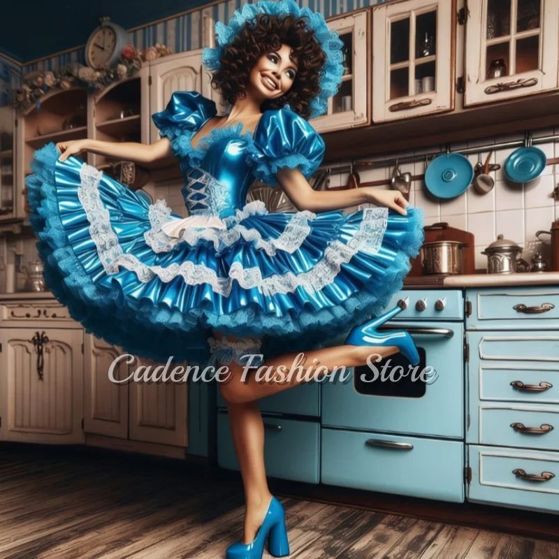 Abiti da ballo medievali blu speciali personalizzati Abiti da sera vittoriani a strati con volant a trapezio in pizzo con maniche a palloncino