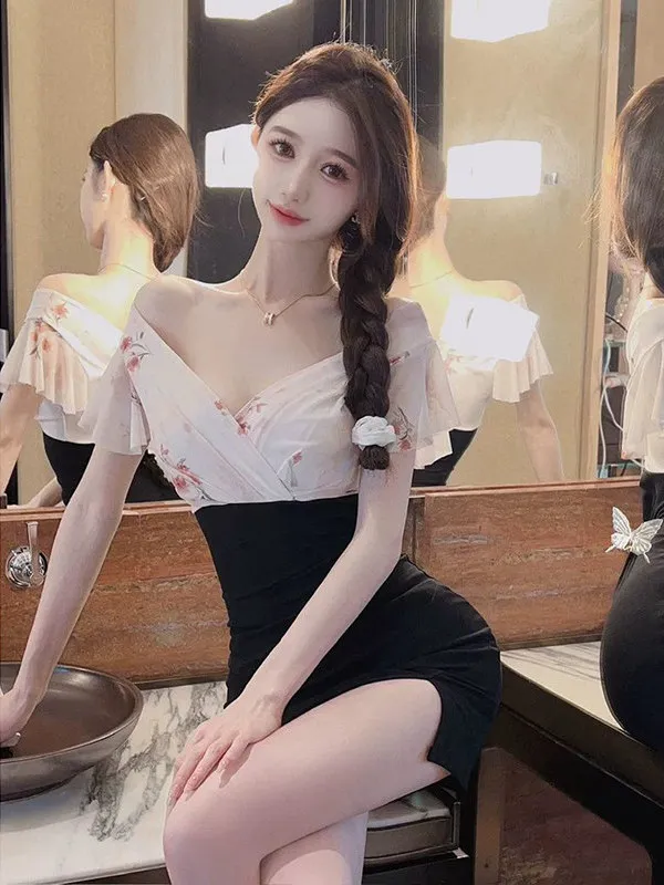 

plus Size Women's Sexy Splice Short Sleeve Low Chest Dress Summer Waist Cinching Skirt Flattering Korean Style Print Dress