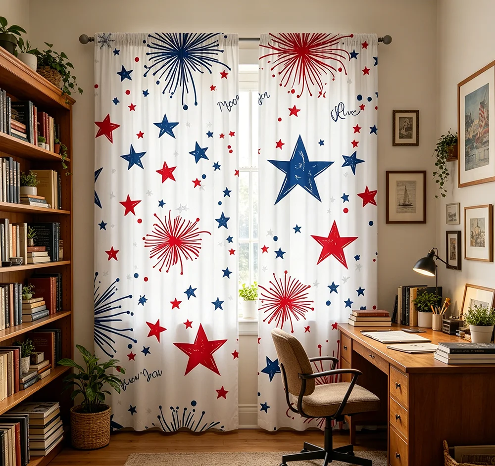 2PCS Digital Printed Curtains, Independence Day Patriotic Pattern, American Holiday Festive Style for Living Room Home Decor