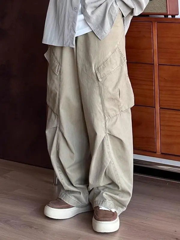 

Retro Waed Khaki Multi-ket Work Trousers Men Women Pleated Design Drape Loose Straight Leg Wide Leg Pants Casual Sle